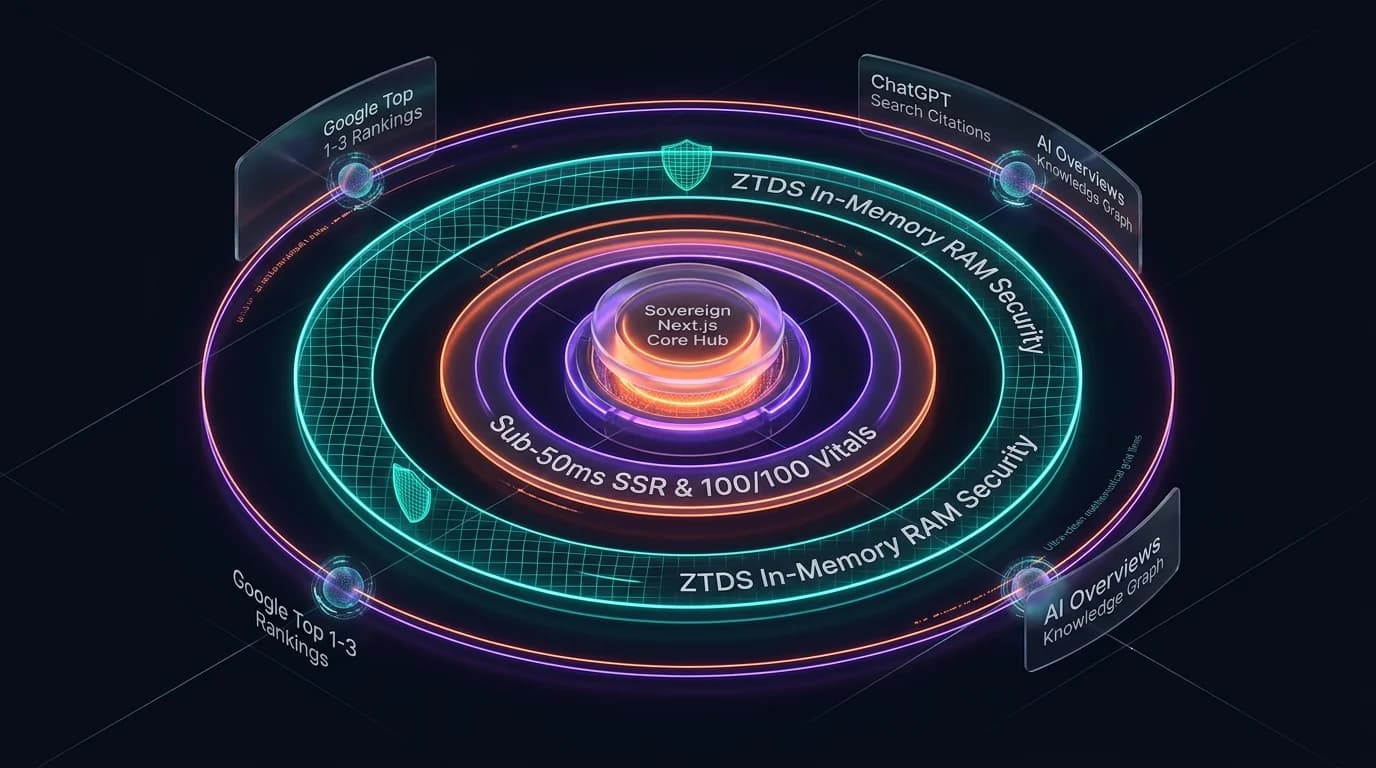 דיאגרמת ארכיטקטורה 3D של BrandMeWeb: אתר ליבה ברינדור צד שרת, מעטפת אבטחת זיכרון ZTDS, נוכחות ב-ChatGPT Search ודירוגי Google